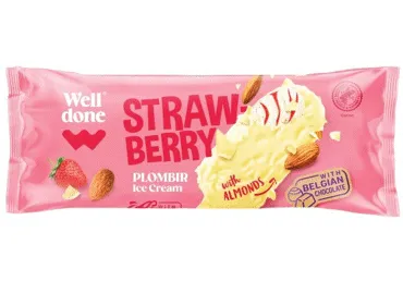 Vaniļas saldējums WELL DONE beļģu baltās šokolādes zemeņu 80g