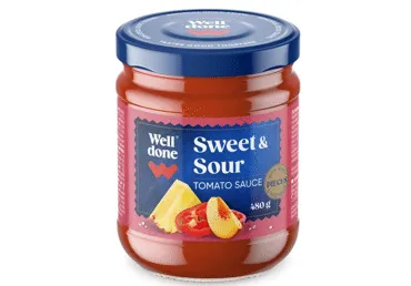 Saldskābā tomātu mērce ar augļu un dārzeņu gabaliņiem WELL DONE 480g