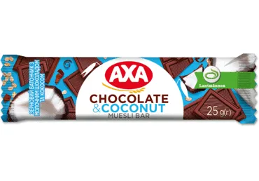 Graudaugu batoniņš AXA ar piena šokokolādi un kokosriekstiem 25g