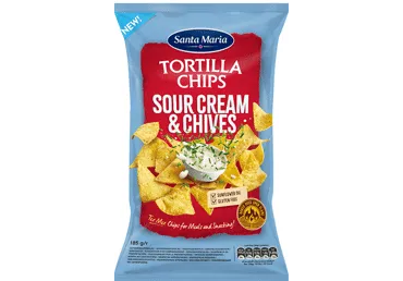 Kraukšķīgie kukurūzas čipši ar skābo krējumu un maurloku garšu 185g, Santa Maria