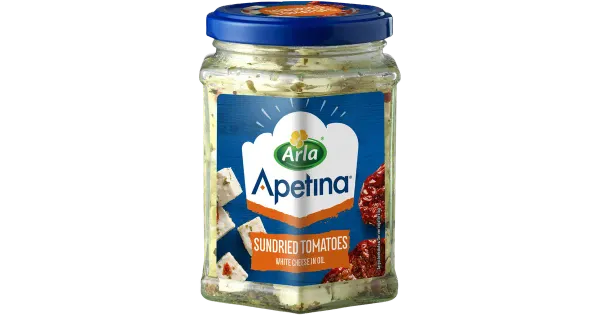 Arla Apetina vahemerepärase valge juustu kuubikud maitseõlis päikesekuivatatud tomatitega 265g/140 g