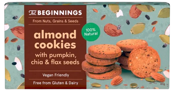 Beginnings vegan mandliküpsised kõrvitsa, chia ja linaseemnetega 80g