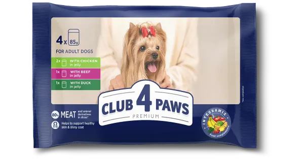 Club4Paws Premium konserv täiskasvanud koertele MIX: kanaga tarretises, veiseliha tarretises, pardiliha tarretises (4 × 85 g), 340 g
