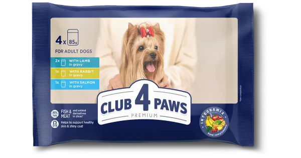 Club4Paws Premium konserv täiskasvanud koertele MIX: lambalihaga kastmes, küülikuliha kastmes, lõhe kastmes 4 × 85 g