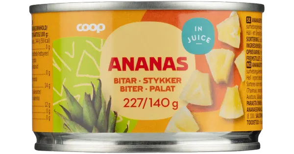 Coop ananassitükid ananassimahlas 227/140g