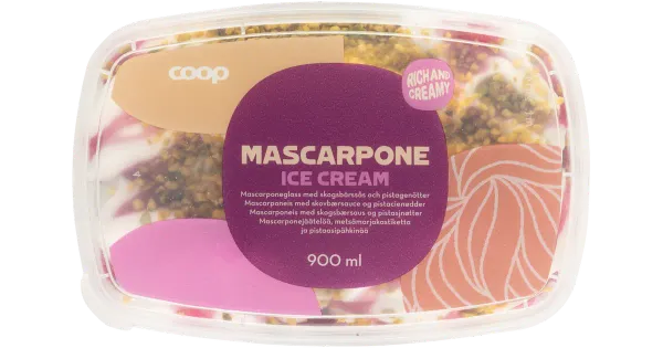 Coop Gourmet Mascarponejäätis Pistaatsiapähklite ja Metsamarjakastmega 900 ml
