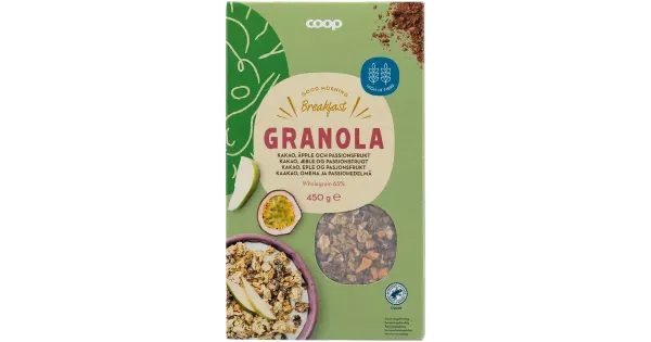 Coop granola külmkuivatatud õuna- ja passionitükkidega 1,5% ja kakaoga 1% 450g