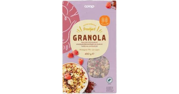 Coop granola külmkuivatatud vaarikatükkidega 2% ja kakaopulbriga 1,6%  450g
