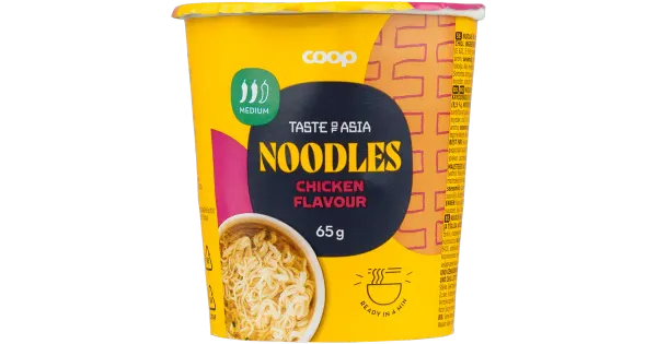 Coop kiirnuudlid(86%) ja maitseainesegu kanamaitse (8,5%), maitseõli ja tšilliga 65g