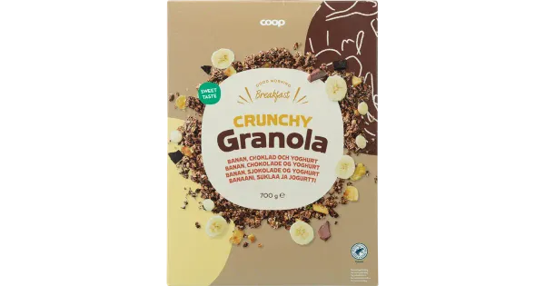 Coop magus granola banaanilaastutükkidega 8%, jogurtiga 7%, tumeda šokolaadiga 2% ja piimašokolaadiga 2% 700g