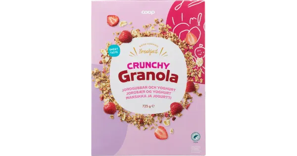 Coop magus granola jogurtikattega maisihelvestega 6% ja külmkuivatud maasikatükkidega 1,5% 725g
