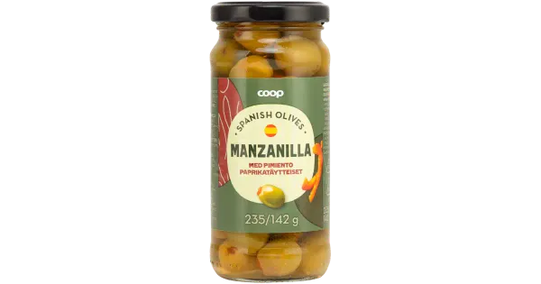 Coop Manzanilla rohelised oliivid paprikatäidisega, 235 g