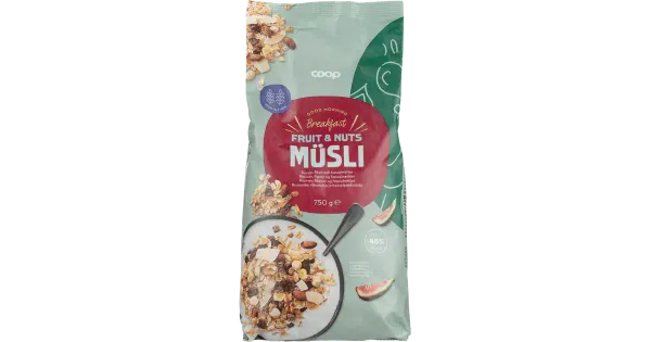 Coop müsli täisterahelvestest, rosinatest 25%, viigimarjadest 8%, sarapuupähklid 4%, banaanilaastudest 2% ja kookoslaastud 2% 750g
