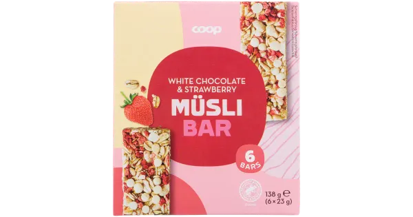Coop müslibatoon jogurtipulbriga valge šokolaadi tükkidega 3% ja külmkuivatud maasikatükkidega 1% 138g