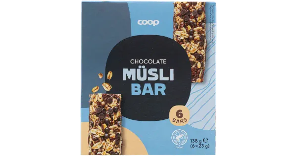 Coop müslibatoon piimašokolaadiga 14% ja tumeda šokolaadi tükkidega 3% 6x23g