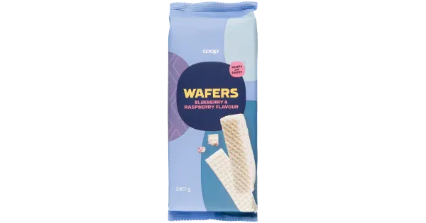 Coop mustika- ja vaarikamaitselised vahvlid kreemitäidisega 69 % 240g
