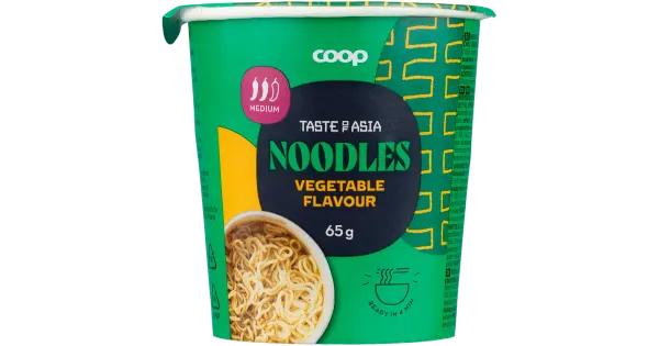 Coop nuudlid (86%) vürtsisegu ja köögivilja maitsega (8,5%), maitseõli ja tšilliga 65 g