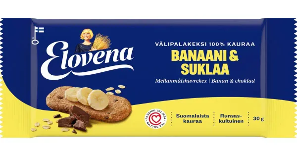 Elovena banaani- ja šokolaadimaitseline küpsis täisterakaerast (100%) 30 g