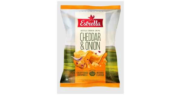 Estrella Kettle Cooked Cheddari ja punase sibula maitselised kartulikrõpsud 120g