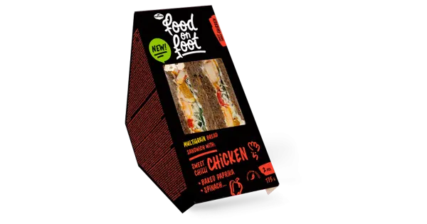FOOD ON FOOT Kolmnurkvõileib tume seemneleib magusa chilli kana, küpsetatud paprika ja spinatiga 170 g