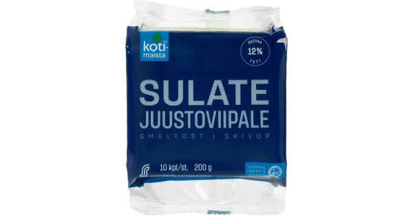Kotimaista vähese laktoosisisaldusega sulatatud juustu viilud (12%), 200 g