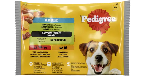 Pedigree koeraeine 4-pakk looma- ja küülikulihaga/kalkuniliha ja porganditega kastmes, 4x100g