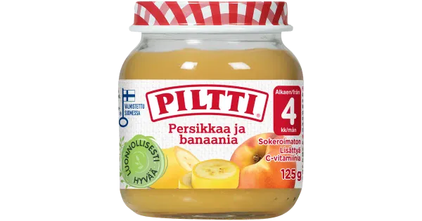 Piltti virsiku-banaanipüree 125 g, alates 4-elukuust