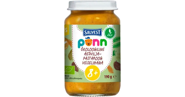 Ökoloogiline Aedvilja-pastaroog veiselihaga PÕNN, 190g, 8+, ÖKO, EE-ÖKO-03