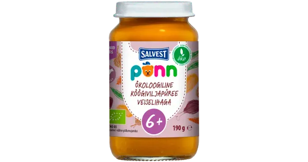 PÕNN Ökoloogiline Köögiviljapüree veiselihaga 190g (6 kuud), EE-ÖKO-03
