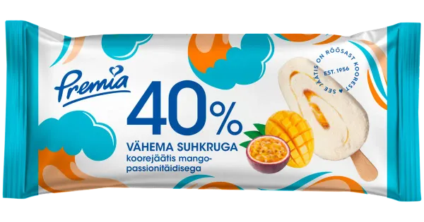 Premia 40% Vähema suhkruga Koorejäätis mango-passioni 50g/100 ml