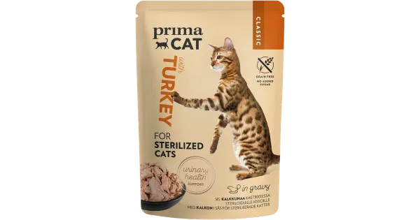 PrimaCat Classic kassitoit steriliseeritud kassidele kalkunilihaga kastmes 85g