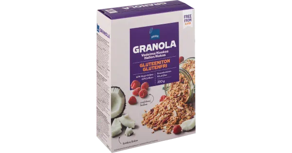 Rainbow krõbe gluteenivaba granola külmkuivatatud vaarikatükkide ja kookoslaastudega 350g