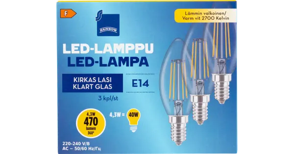 Rainbow LED-küünal E14 4W 2700K 470LM, 3 tk