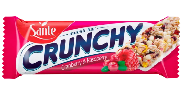 Sante CRUNCHY jõhvika-vaarika müslibatoon, vaniljemaitselise glasuuriga 40g