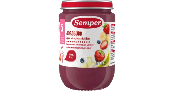 Semper maasika-õuna-pirni-banaani-mustika puuviljapüree 5k 190g