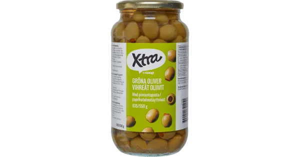 Xtra rohelised oliivid paprikatäidisega 935/550 g