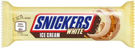 Jäätisebatoon SNICKERS, valge šokolaadiglasuuriga 40,8g