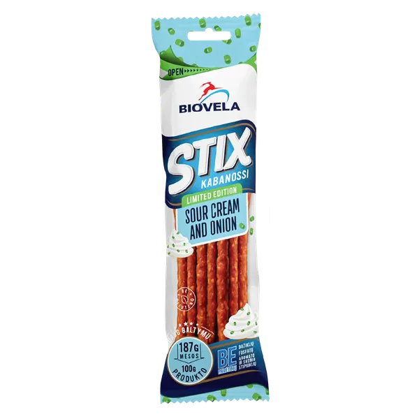 Kabanoss stix BIOVELA, hapukoore ja sibulaga, kuumsuitsutatud, 100g
