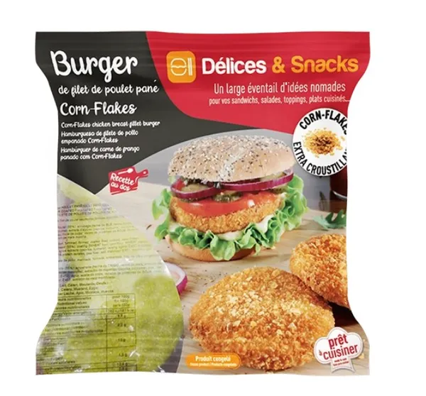 Kanaburgeri pihv, 100g, kaetud maisihelvestega, halal, küpsetatud, IQF, külmutatud, 1kg