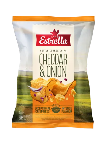 Kartulikrõpsud ESTRELLA KETTLE, cheddari juustu ja punase sibulamaitseline, 120g