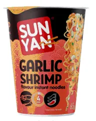 Ātri pagatavojamas nūdeles SUN YAN ķiploku garneļu garša, glāze, 65g