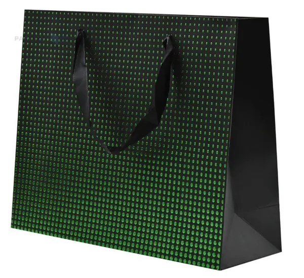 Kinkekott musta paelsangaga, mustal taustal rohelised täpid, 32+11x26cm, tk