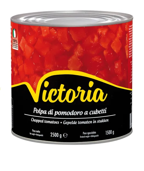 Kooritud tükeldatud tomatid VICTORIA tomatimahlas, 2,5 kg / 1,5 kg