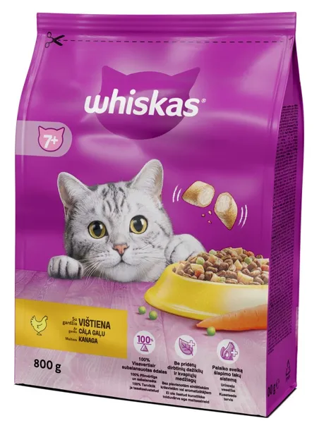 Barība kaķiem Whiskas 7+ ar vistas gaļu senioriem 800g