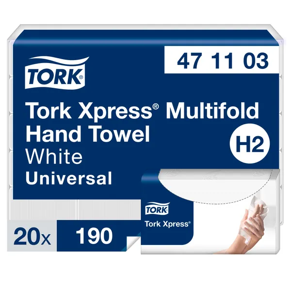 Lehtkäterätik 21,3 x 7,8 cm, 2-kihiline, valge, 190 tk, 471103, TORK Xpress Multifold, H2