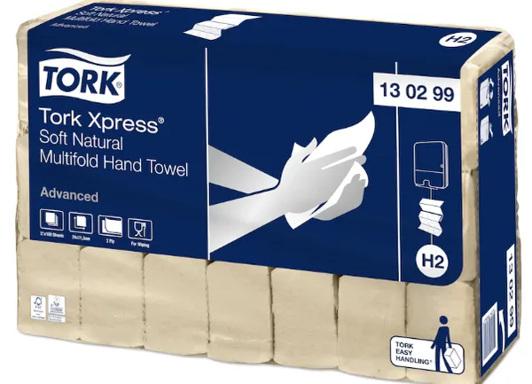 Lehtkäterätik 21,3 x 8 cm,  loodusvalge, 2-kihiline, 180 tk, 130299, TORK Xpress Soft Multifold, H2
