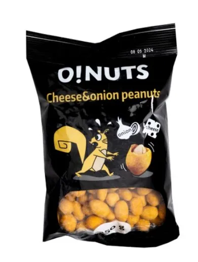 Zemesrieksti O!NUTS, kraukšķīgā apvalkā ar siera un sīpolu garšu 150g