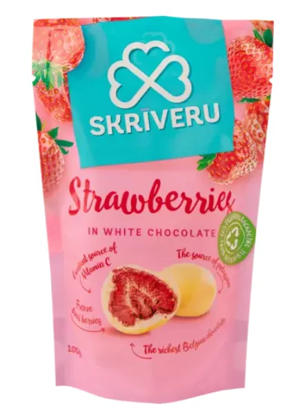 Maasikad SKRĪVERU valge šokolaadis, gluteenivaba 100g