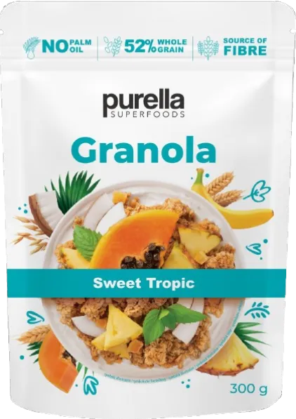 Müsli PURELLA, Granola, röstitud, banaani, ananassi, ja papaiaga, 300g