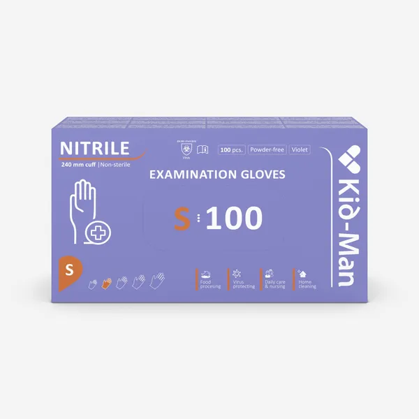 Nitriilkindad puudrita, suurus S, lillad,  ühekordsed, KID-MAN, 100 tk
